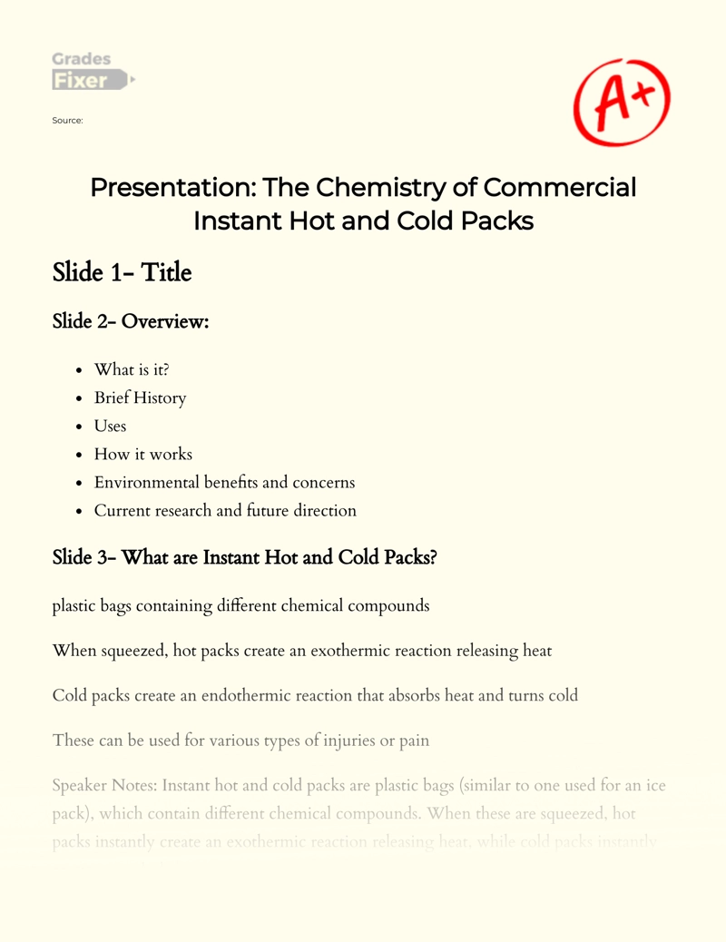 Presentation: The Chemistry of Commercial Instant Hot and Cold Packs Essay