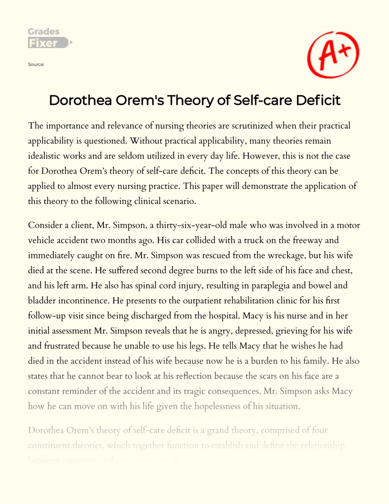 Dorothea Orem's Theory of Self-care Deficit Essay