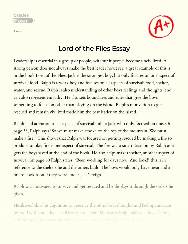 Analysis of Character's Leadership in "Lord of The Flies" essay