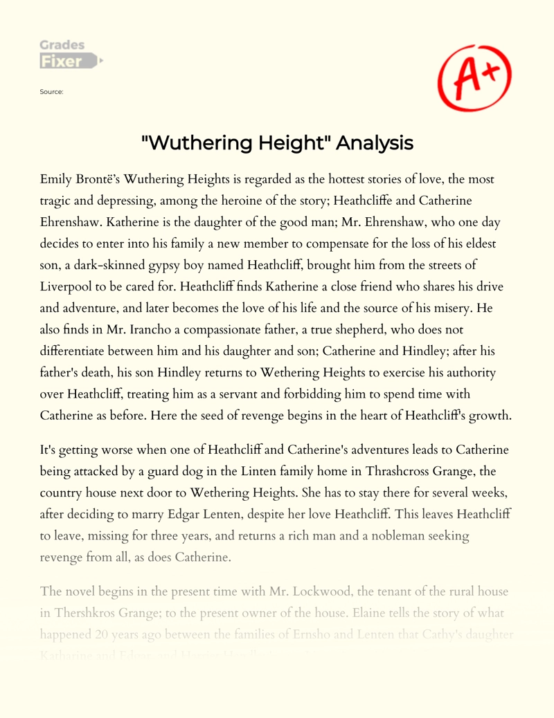 Analysis of The Novel "Wuthering Heights" Written by Emily Bronte Essay