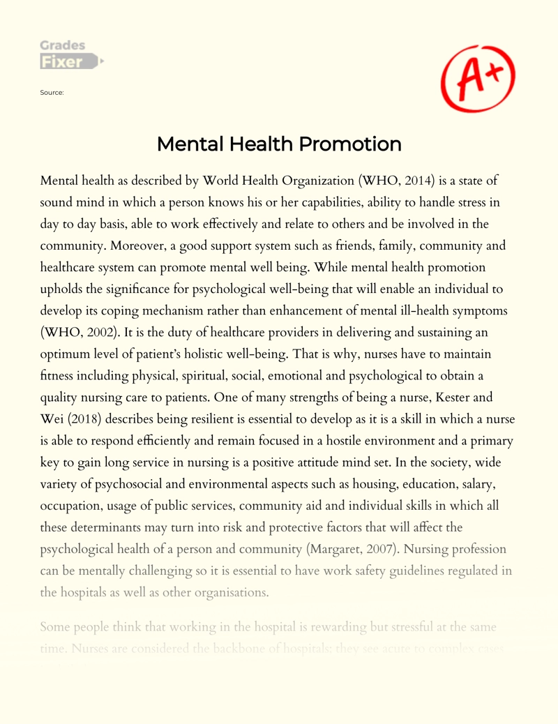 Mental Health Promotion Essay