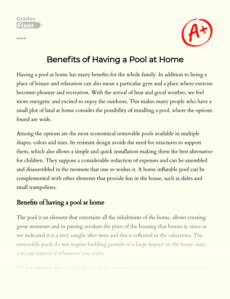 Benefits of Having a Pool at Home Essay