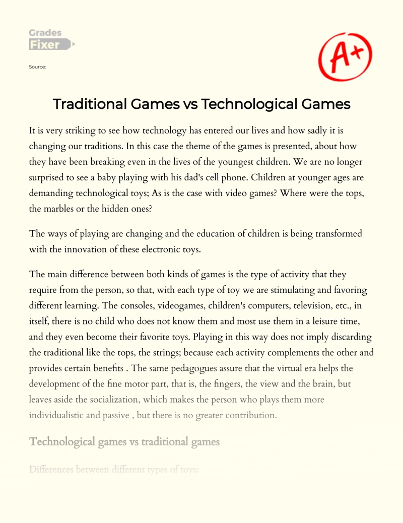 Traditional Games Vs Technological Games Essay