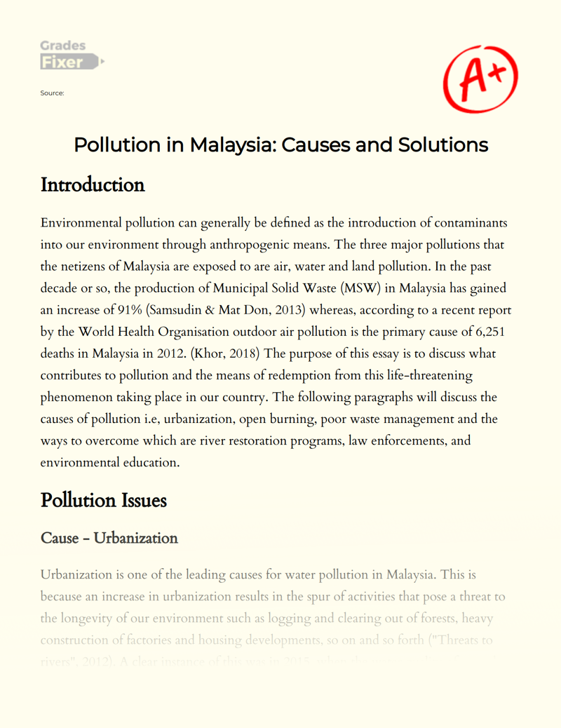 Pollution in Malaysia: Causes and Solutions Essay