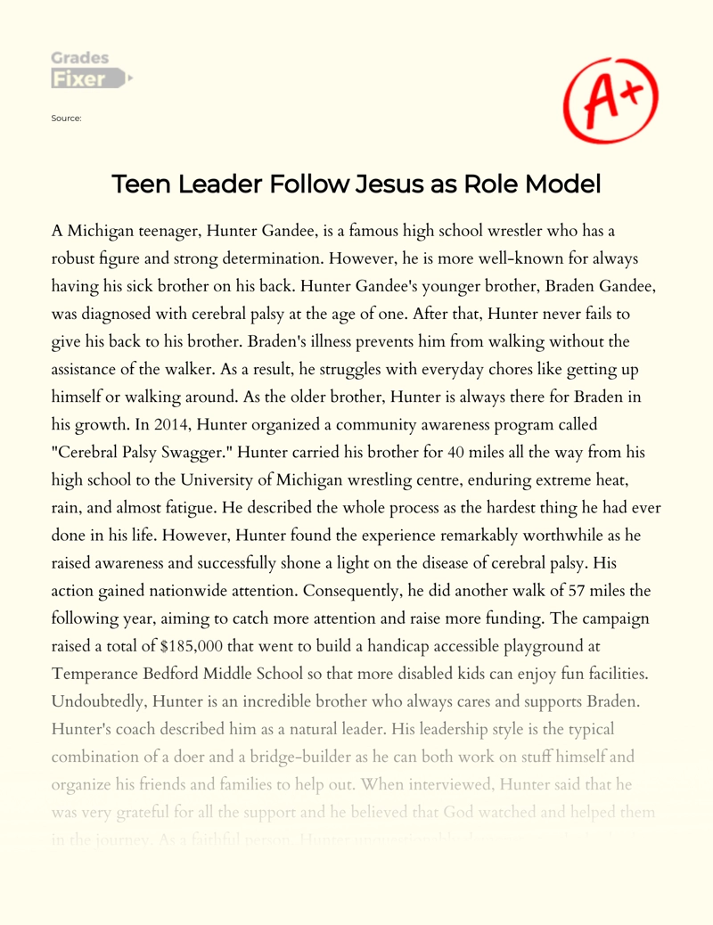 Teen Leader Follow Jesus as Role Model Essay