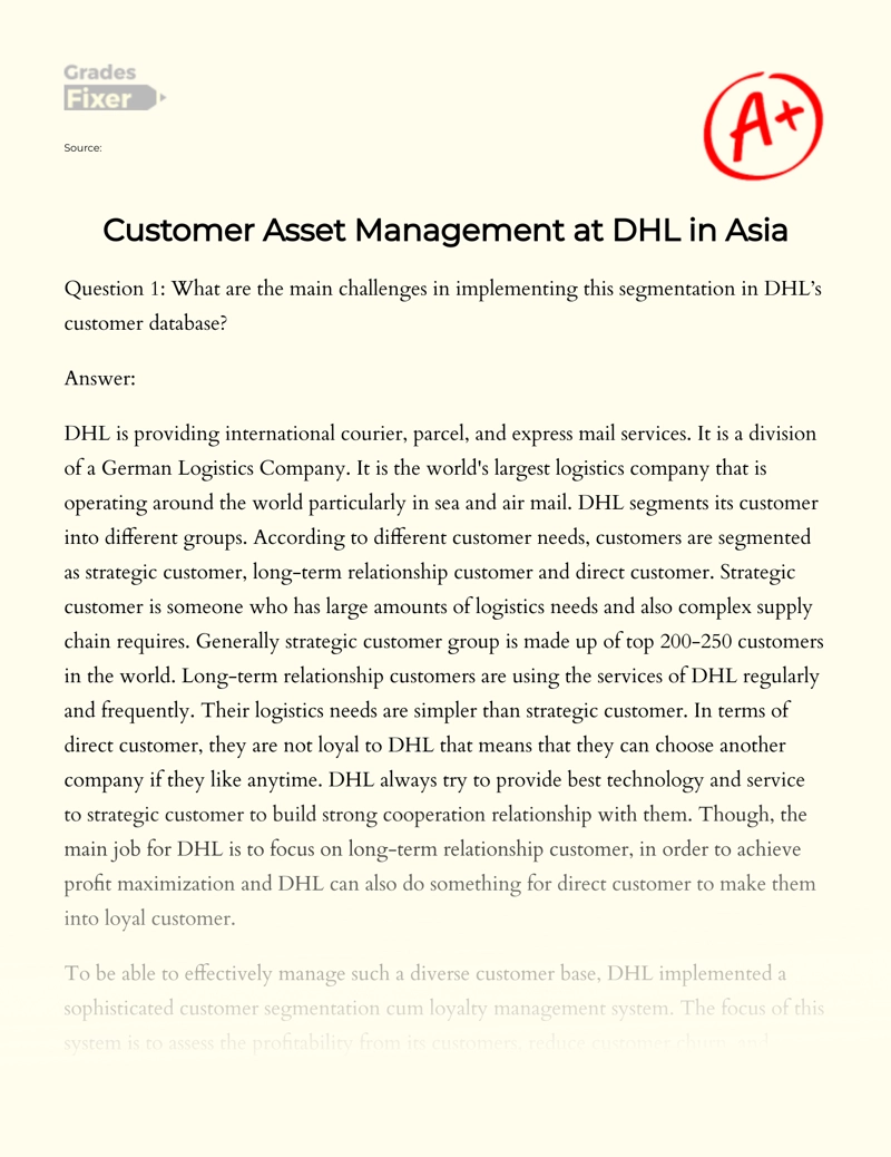 Customer Asset Management at Dhl in Asia Essay