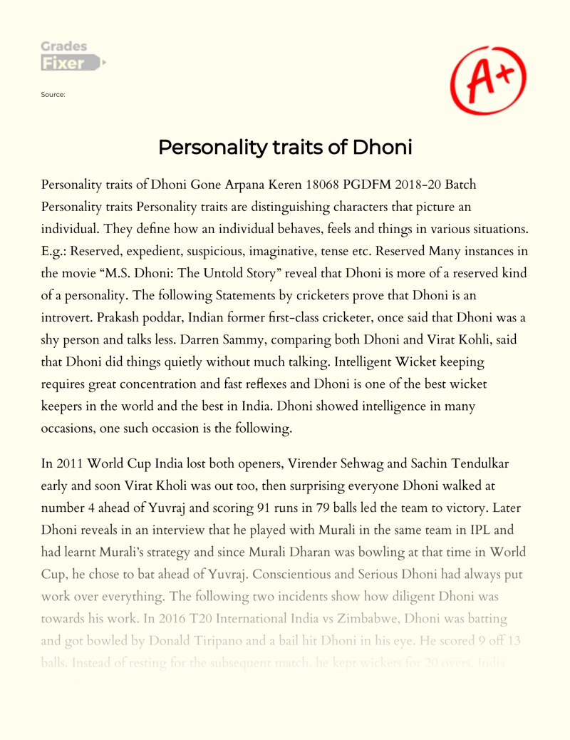 Personality Traits of Mahendra Singh Dhoni Essay