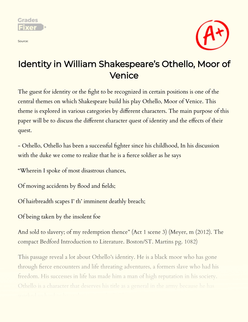 Identity in William Shakespeare’s Othello, Moor of Venice essay