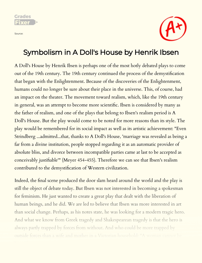 Symbolism in a Doll's House by Henrik Ibsen essay