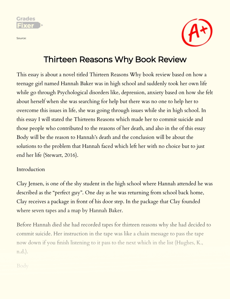 Thirteen Reasons Why Book Review essay