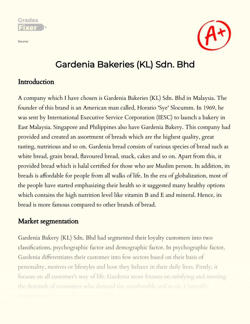 Bakery Business Review: Gardenia Bakeries (kl) Sdn. Bhd Essay