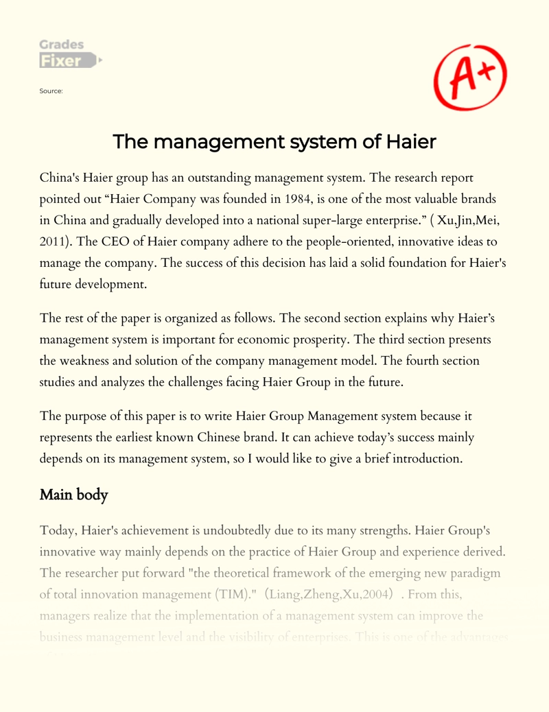 The Management System of Haier Essay