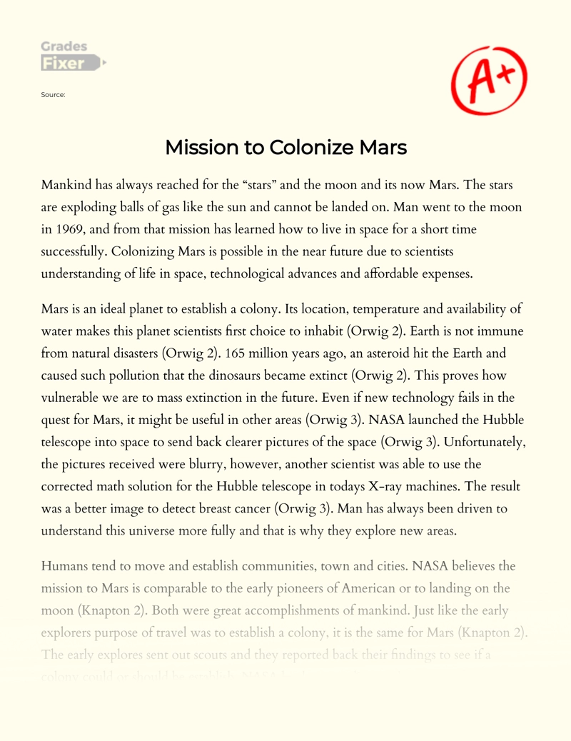 Analysis of The Mission to Colonize Mars essay