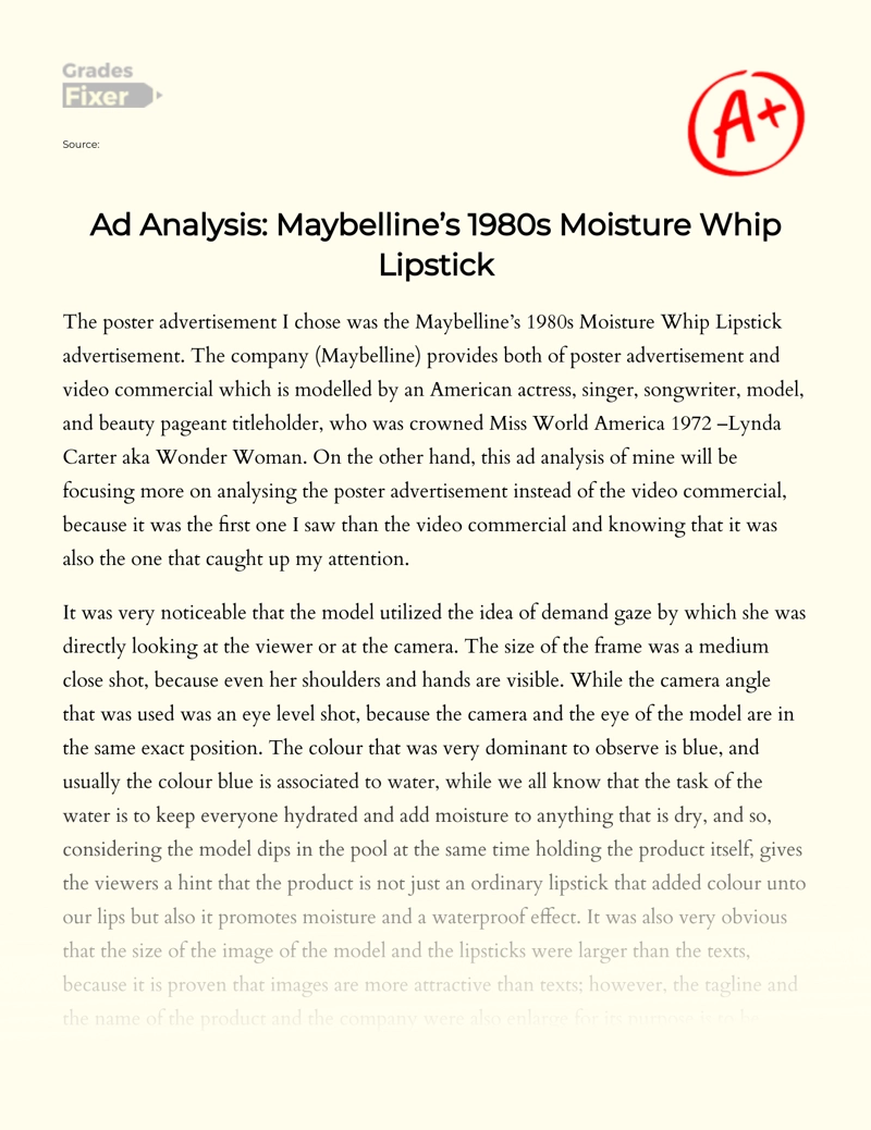 AD Analysis: Maybelline’s 1980s Moisture Whip Lipstick Essay