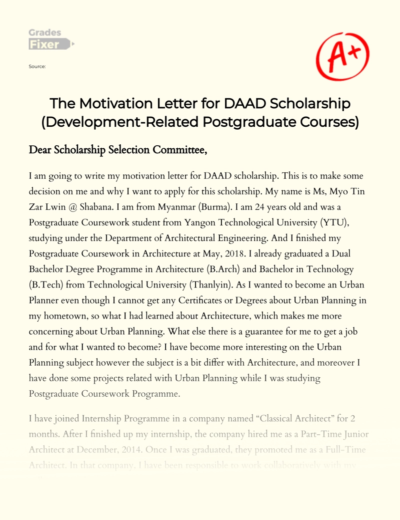 The Motivation Letter for Daad Scholarship (development-related Postgraduate Courses) Essay