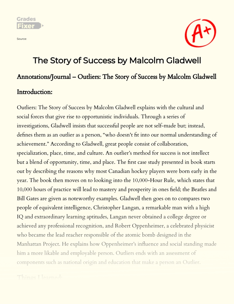 The Story of Success by Malcolm Gladwell Essay