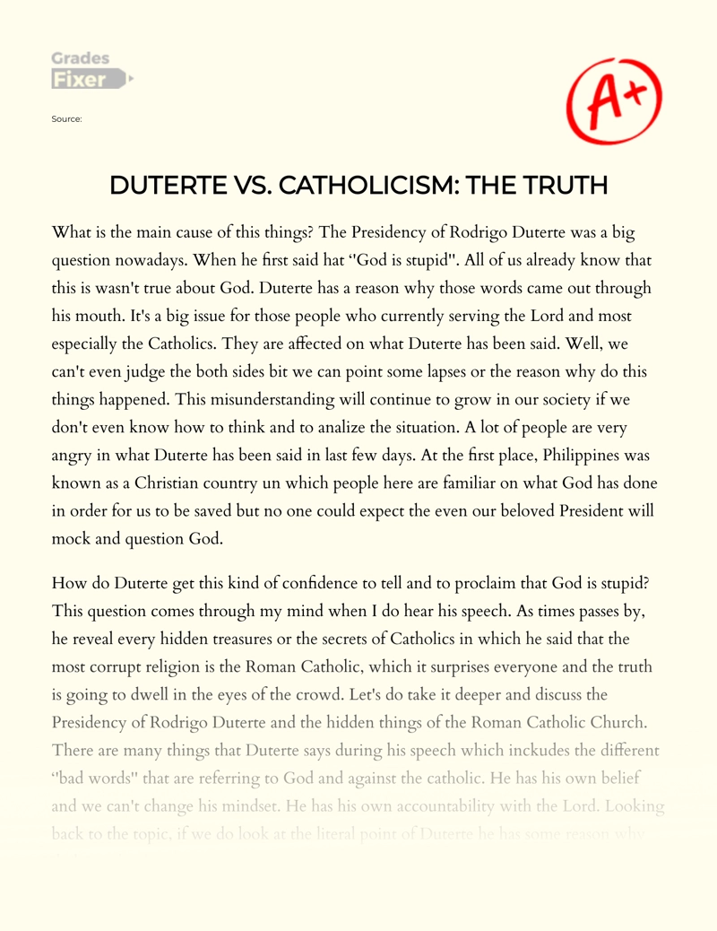 Duterte Vs. Catholicism: The Truth Essay