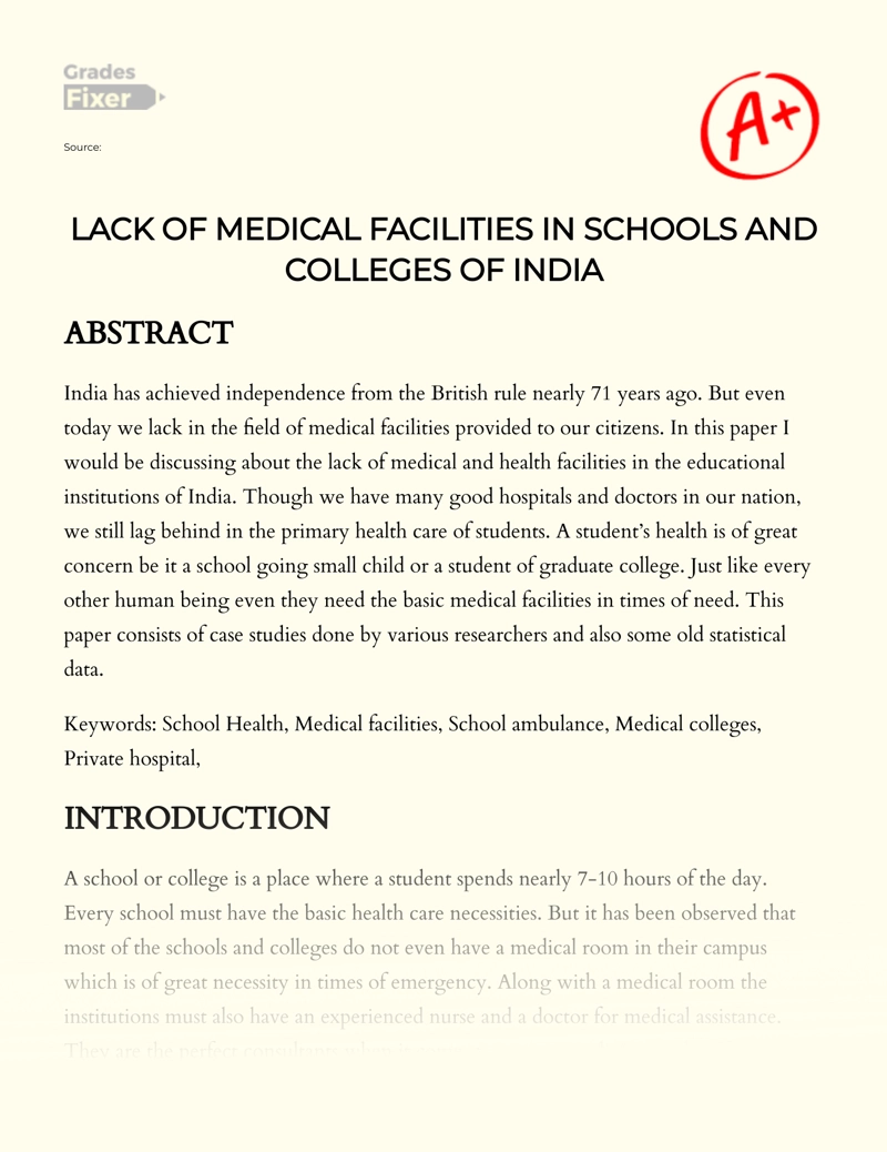 Lack of Medical Facilities in Schools and Colleges of India Essay