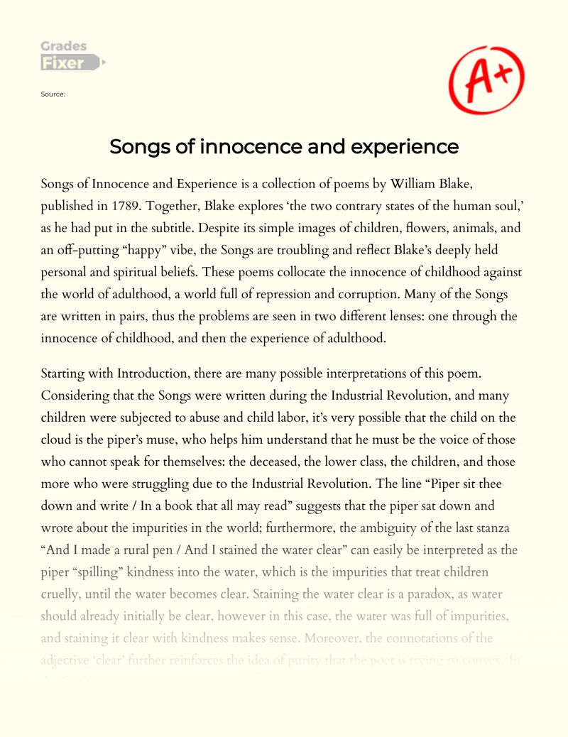 Songs of Innocence and Experience Essay