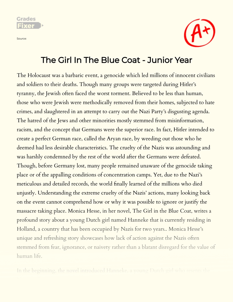 The Girl in The Blue Coat - Junior Year Essay