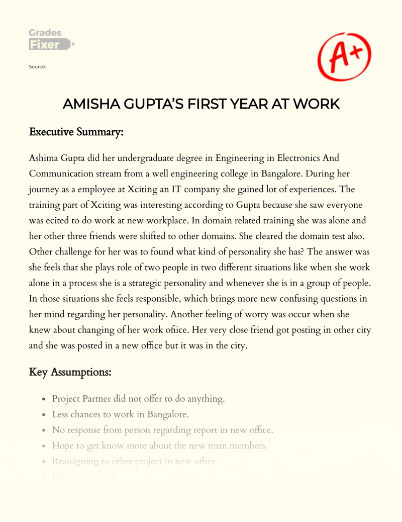 Amisha Gupta’s First Year at Work Essay