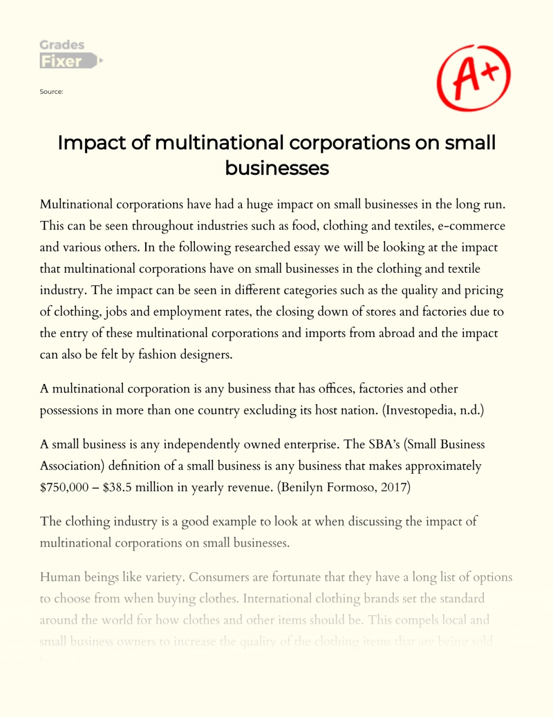 Impact of Multinational Corporations on Small Businesses essay
