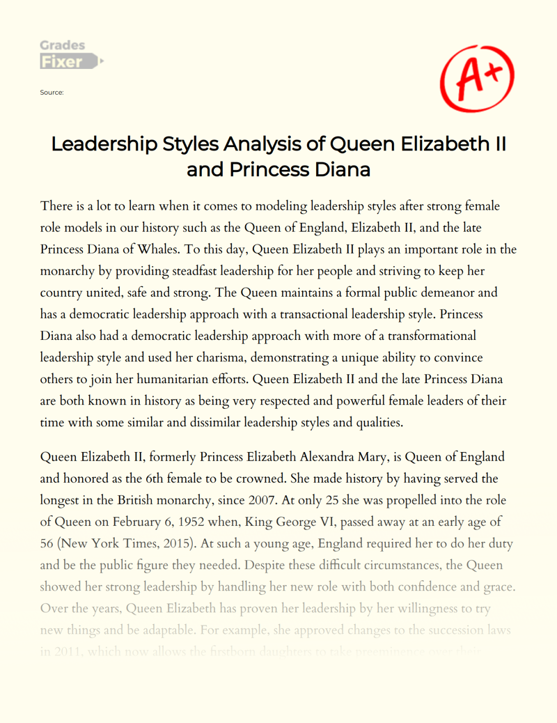 Leadership Styles: Analysis of Queen Elizabeth Ii and Princess Diana  Essay
