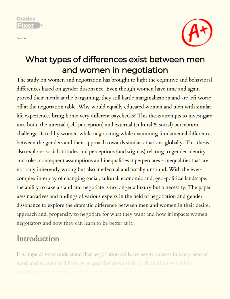 Research of The Difference Between Men and Women in Negotiation Essay