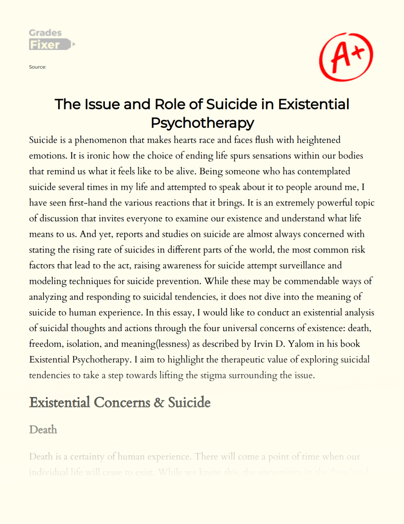 The Issue and Role of Suicide in Existential Psychotherapy Essay