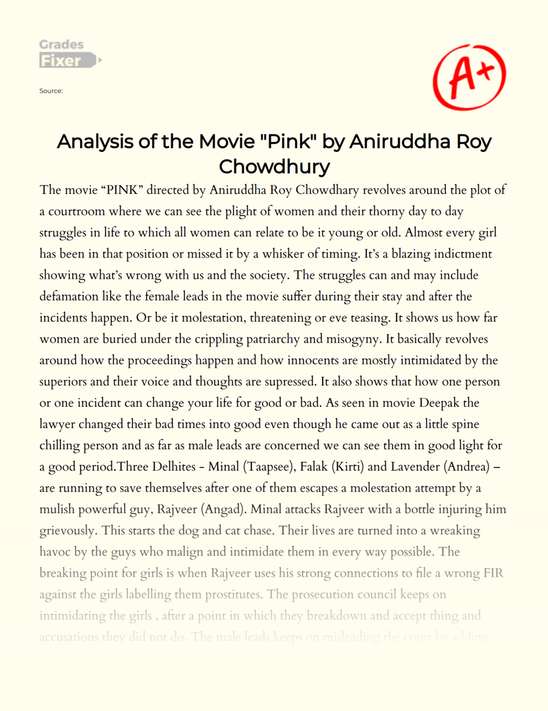 Analysis of The Movie "Pink" by Aniruddha Roy Chowdhury  Essay