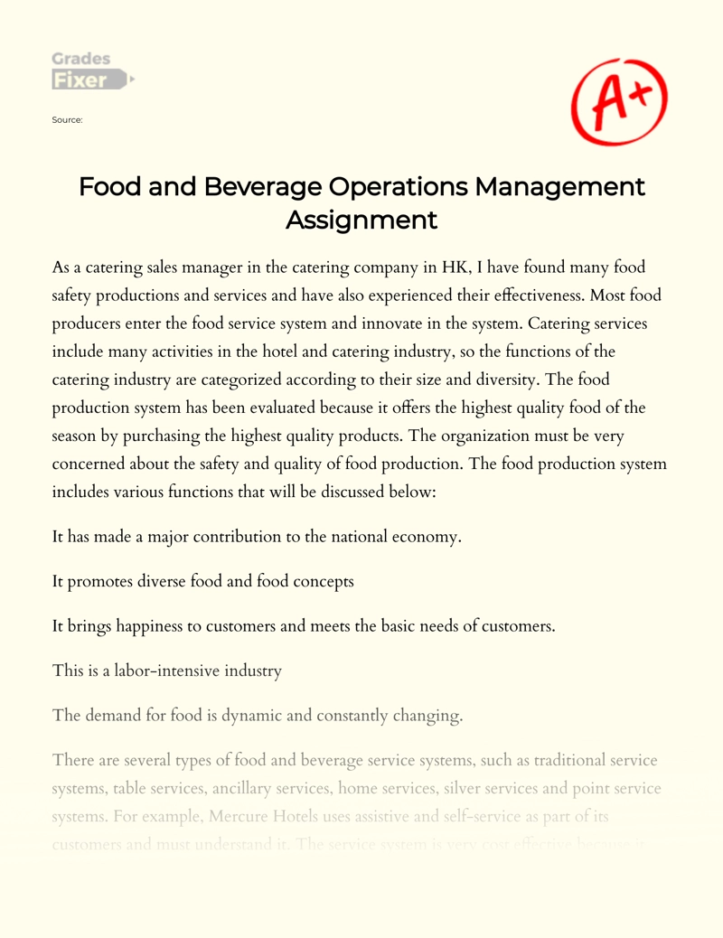 Food and Beverage Operations Management Assignment Essay