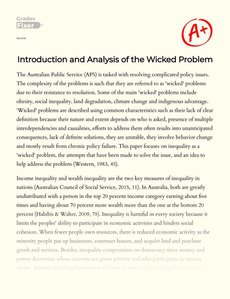 Inequality as a Wicked Problem in Australia essay