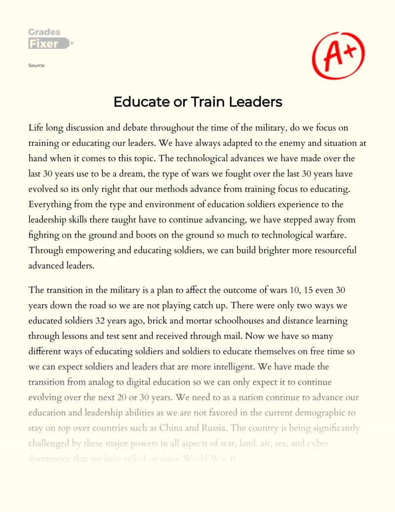 Discussion on Whether to Educate Or Train Leaders Army Essay