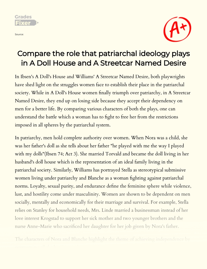 Compare The Role that Patriarchal Ideology Plays in a Doll House and a Streetcar Named Desire Essay