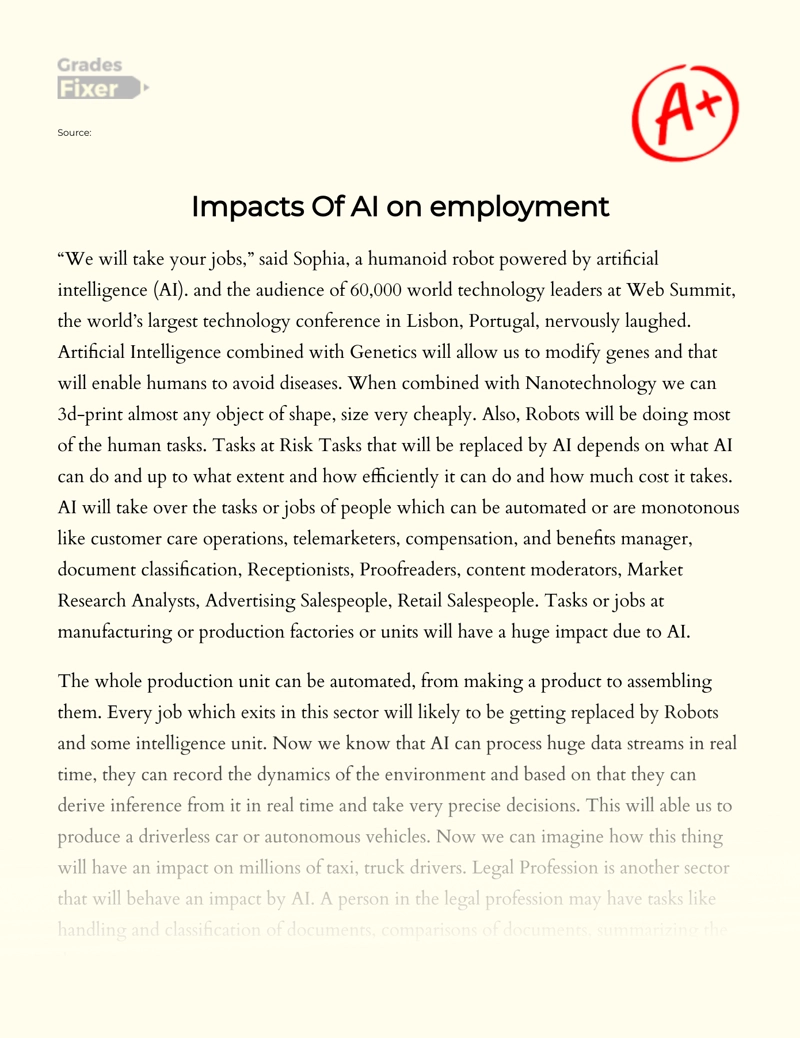 Impacts of Ai on Employment Essay
