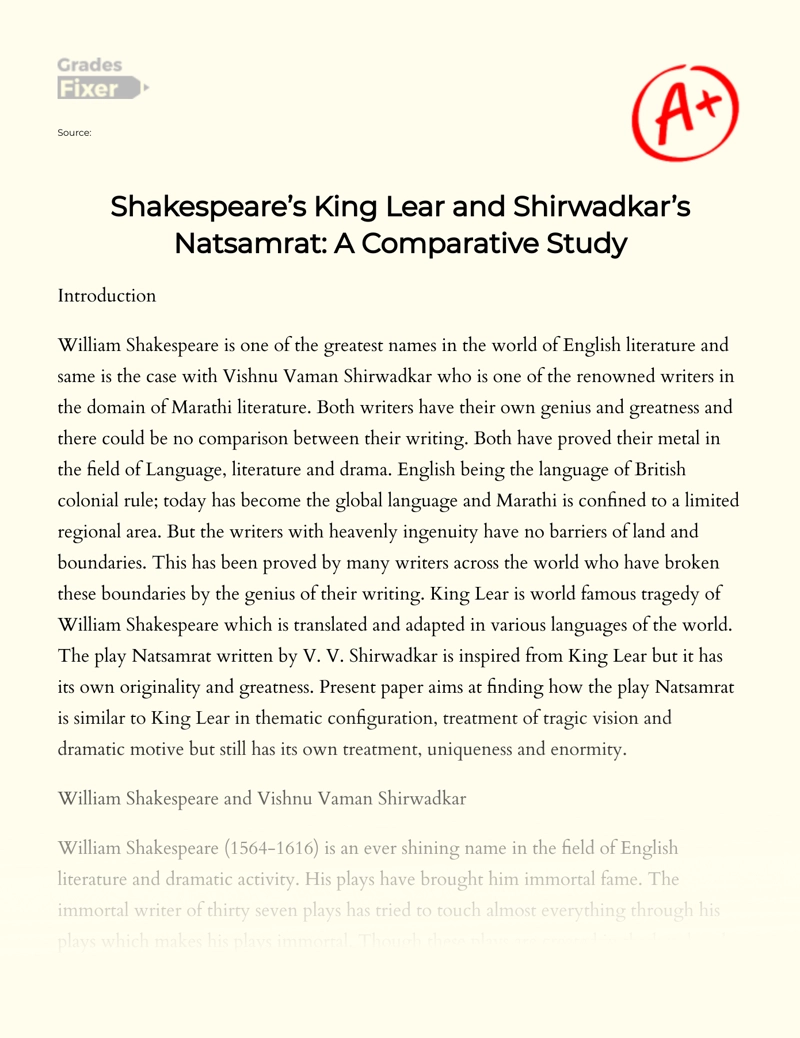 Shakespeare’s King Lear and Shirwadkar Natsamrat: a Comparative Study essay