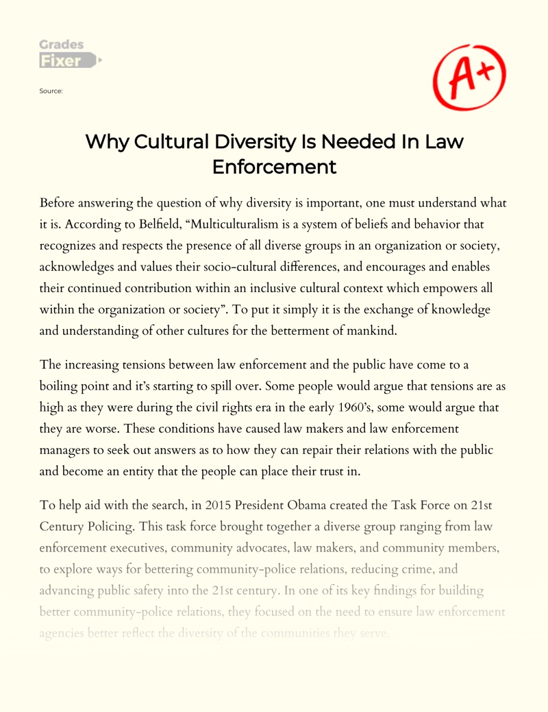 Why Cultural Diversity is Needed in Law Enforcement Essay