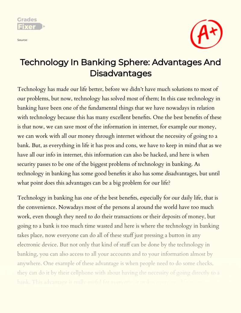 Technology in Banking Sphere: Advantages and Disadvantages Essay