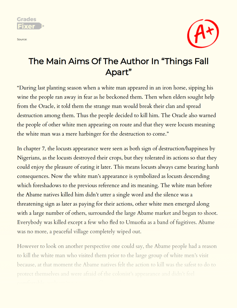 The Main Aims of The Author in "Things Fall Apart" Essay