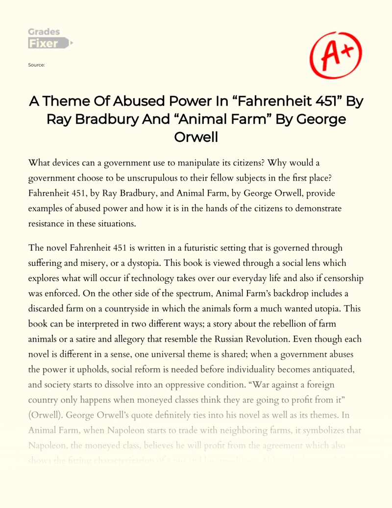 A Theme of Abused Power in "Fahrenheit 451" by Ray Bradbury and "Animal Farm" by George Orwell essay