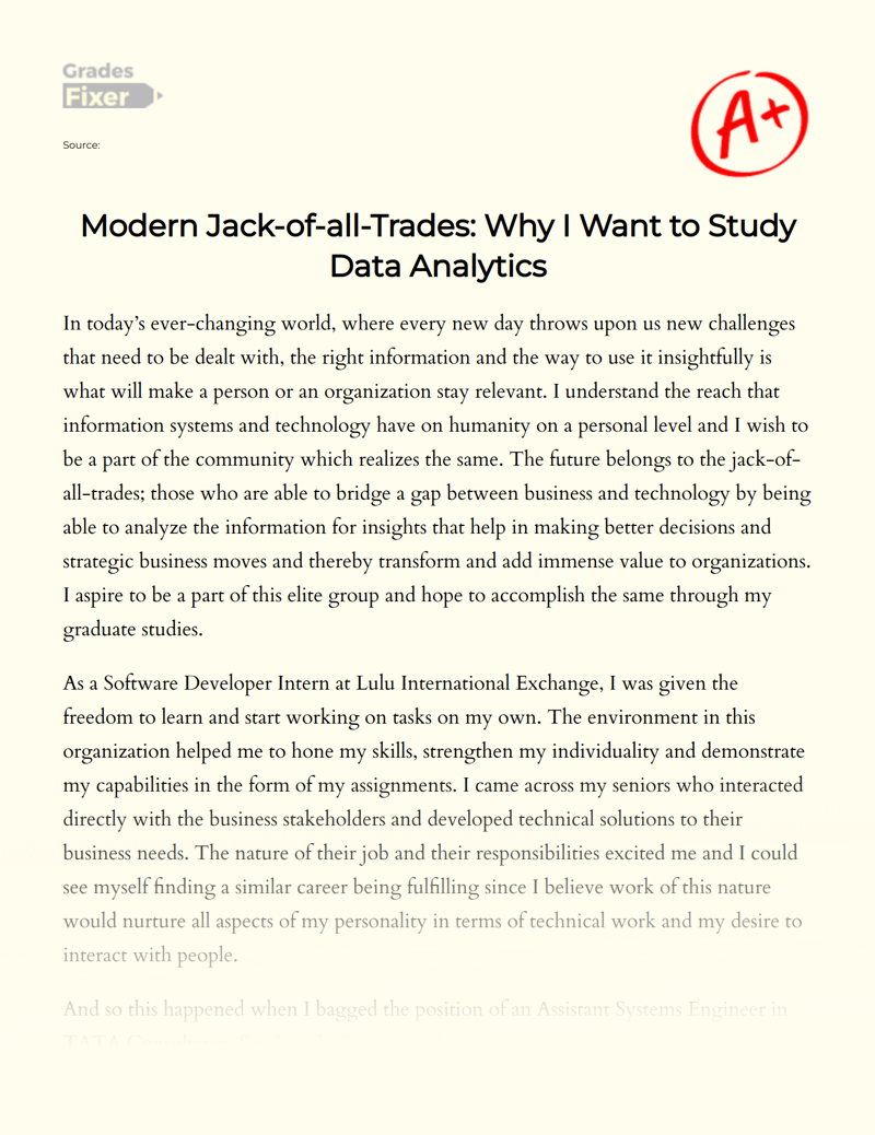 Modern Jack-of-all-trades: Why I Want to Study Data Analytics Essay