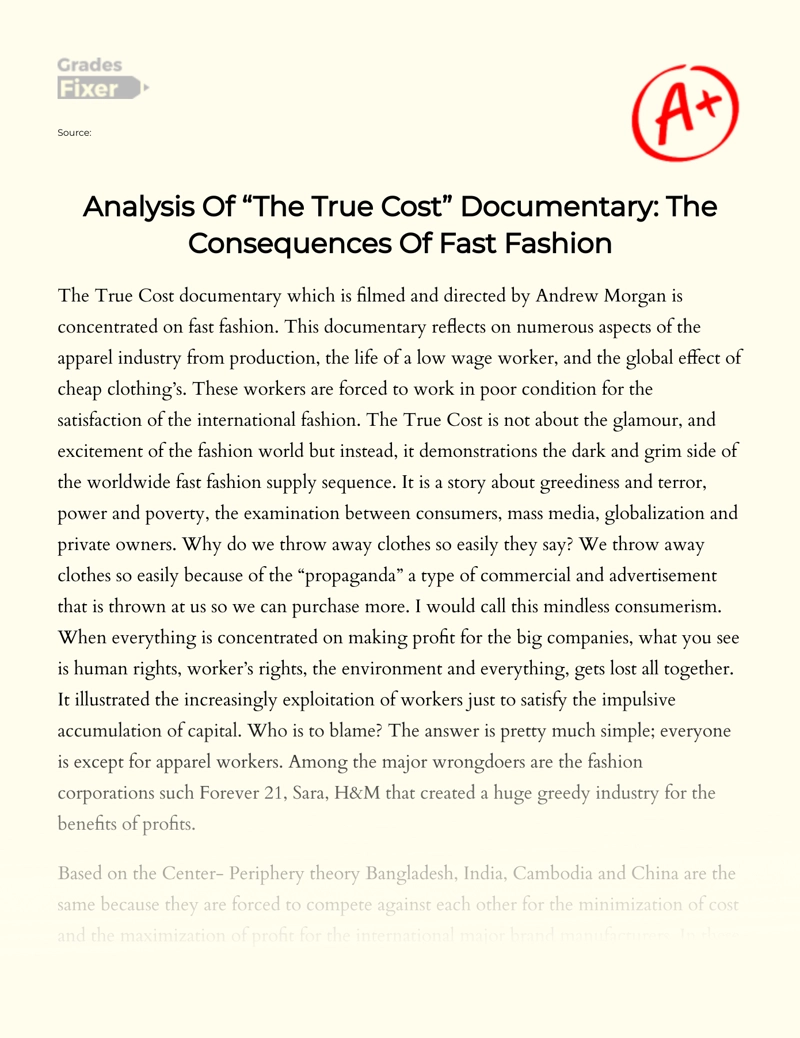 Analysis of "The True Cost" Documentary: The Consequences of Fast Fashion essay