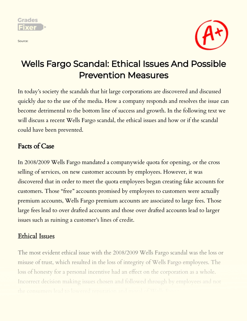 Wells Fargo: Ethical Issues and Possible Prevention Measures of The Scandal Essay