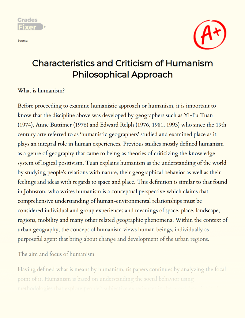 Characteristics and Criticism of Humanism Philosophical Approach Essay
