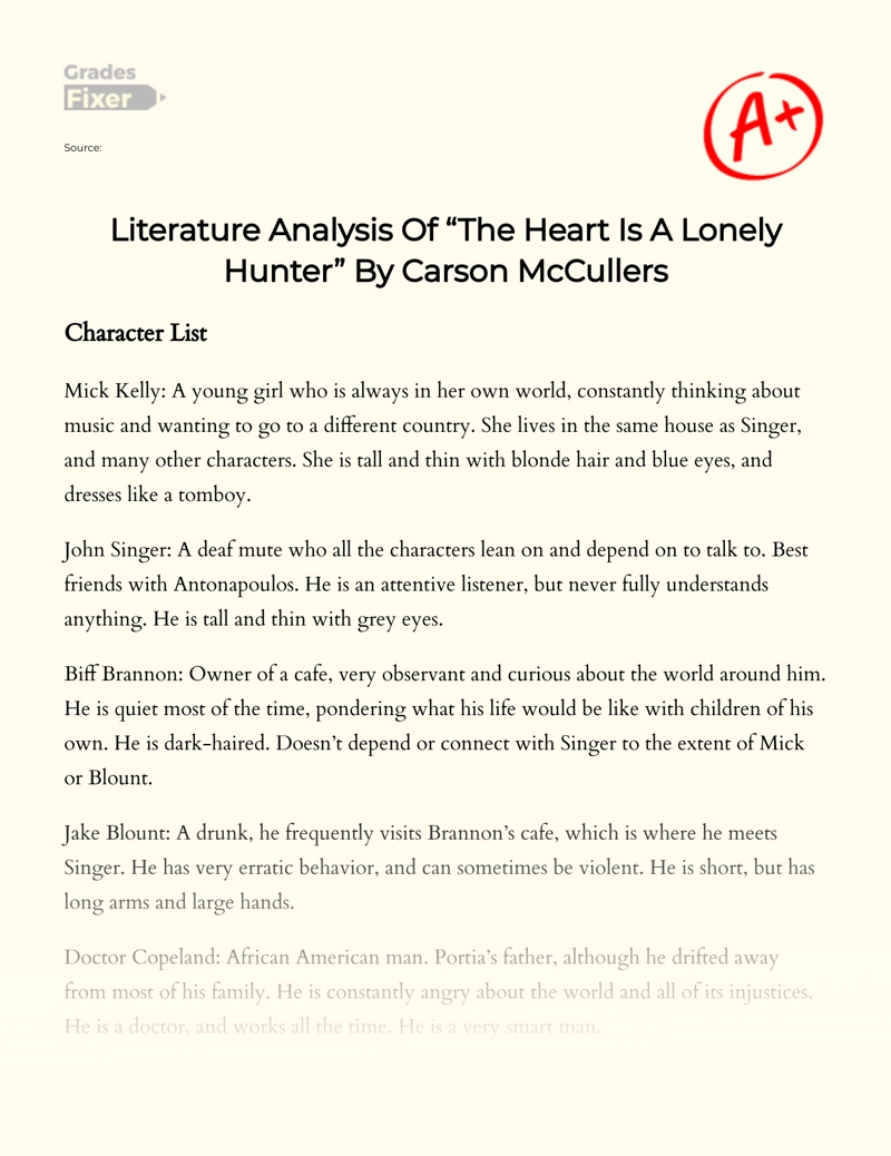 Literature Analysis of "The Heart is a Lonely Hunter" by Carson Mccullers Essay