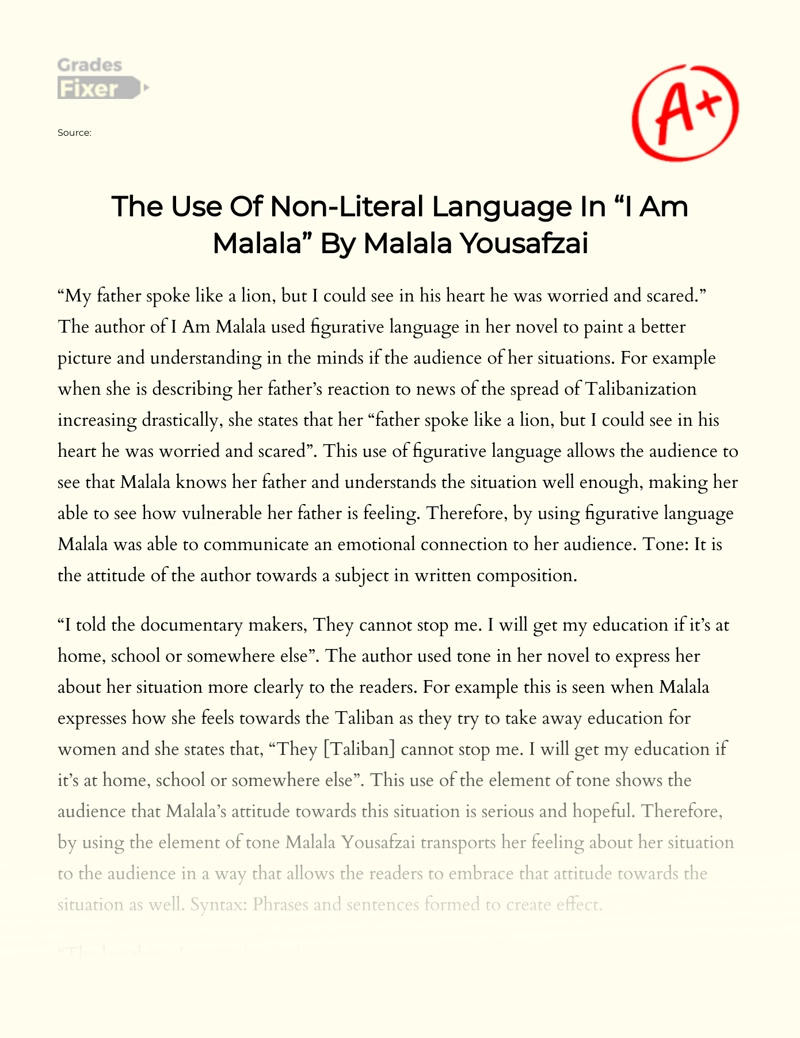 The Use of Non-literal Language in "I Am Malala" by Malala Yousafzai essay
