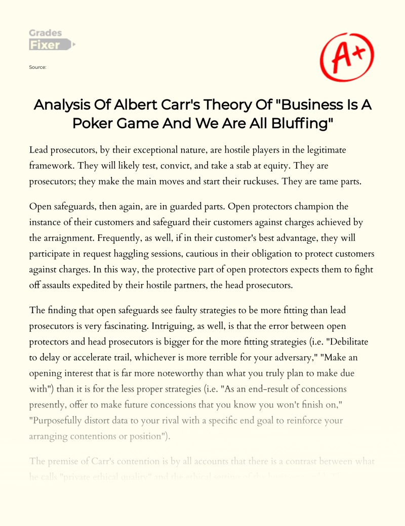 Analysis of Albert Carr's Theory of "Business is a Poker Game and We Are All Bluffing" Essay