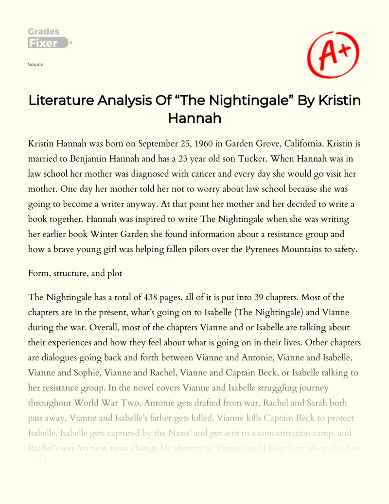 Literature Analysis of "The Nightingale" by Kristin Hannah Essay
