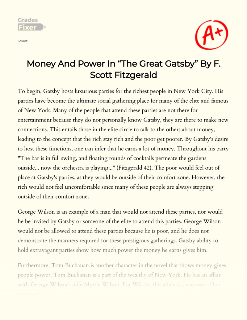 Money and Power in "The Great Gatsby" by F. Scott Fitzgerald Essay