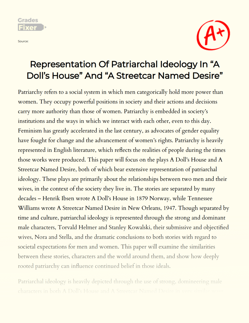 Representation of Patriarchal Ideology in "A Doll’s House" and "A Streetcar Named Desire" Essay